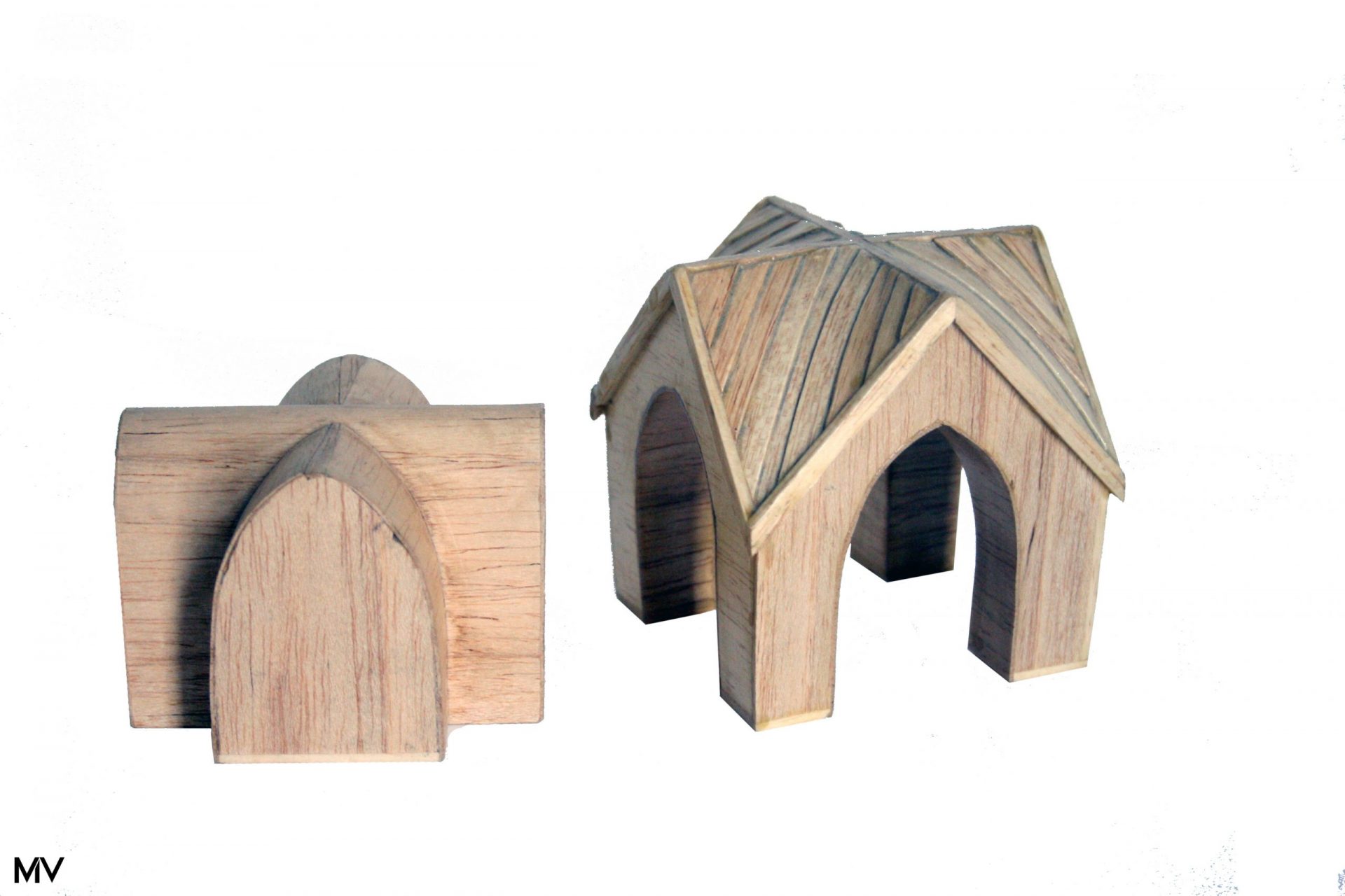 Maquette d'architecture expérimentale en bois, plein/vide, toiture double courbure. M.v.W